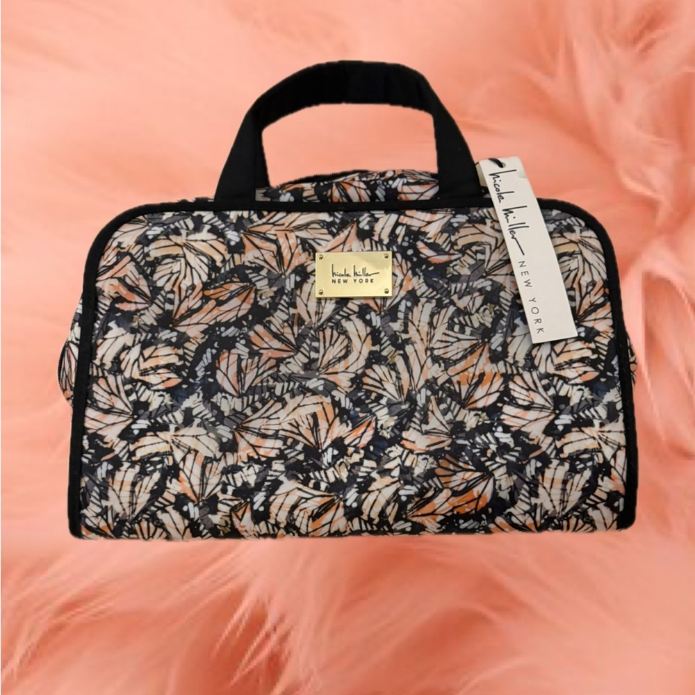 Nicole Miller Black, Peach & White Leaf Print Travel Cosmetic / Toiletry Case